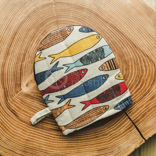 Colourful half-linen pot holder "Žuvys"